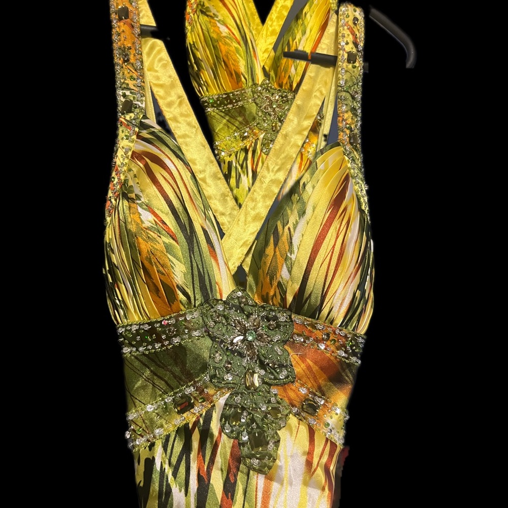 Yellow summer gown with imported beads and sequins. Perfect for an upscale party